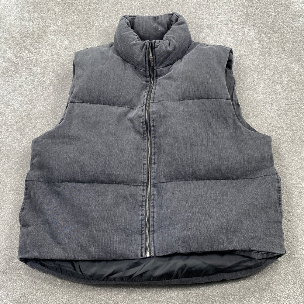 Khaki + Blue Puffer Vest Mens Large Black Denim Wash Quilted Zip Up Mock Neck